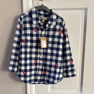 NWT Boden Kids Navy and White Plaid Shirt with Red Accents size 4-5